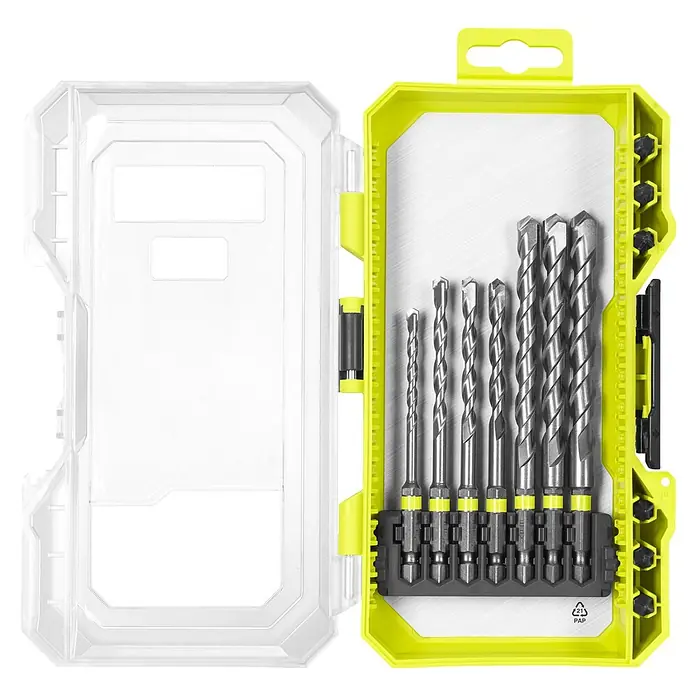 Ryobi Bohrer- & Bit-Set RARXMM7 - 13 -tlg. - Ein Satz Metallbohrer mit Sechskantschaft in einem durchsichtigen Kunststoffgehäuse mit limettengrüner Halterung.