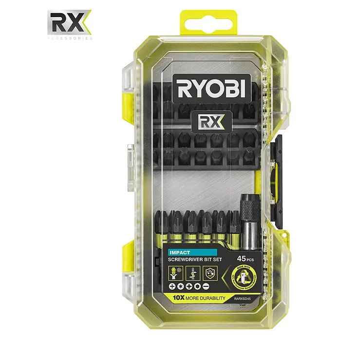 Ryobi Bit-Set RARXSD45 - 45 -tlg. - Ryobi RX 45-teiliges Schlagschrauber-Bit-Set in einer durchsichtigen und gelben Kunststoffhülle, für Langlebigkeit konzipiert.