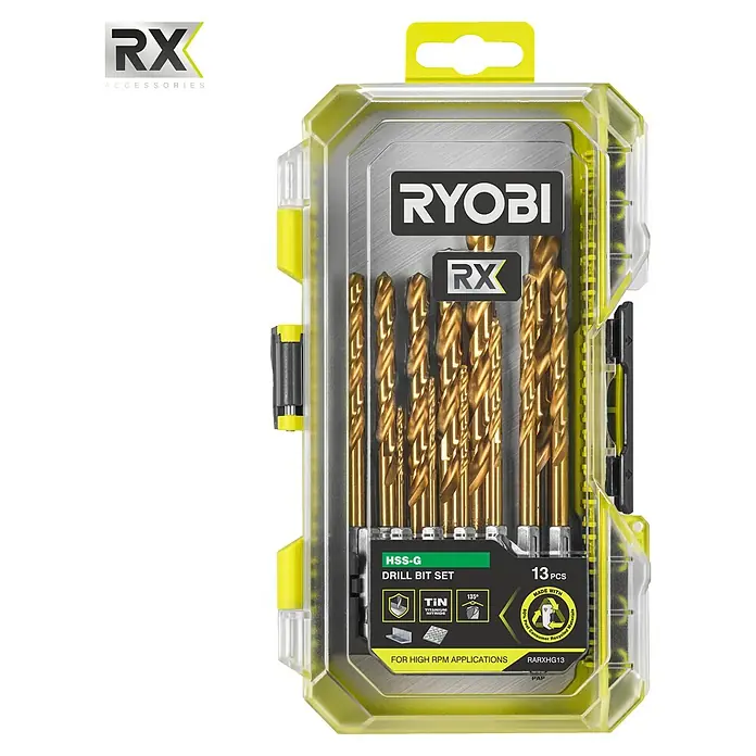 Ryobi Bohrer-Set RARXHG13 - 13 -tlg. - Ryobi RX HSS-G Bohrer-Set mit goldenen Titan-Nitrid-beschichteten Bohrern in gelb-schwarzem Gehäuse.