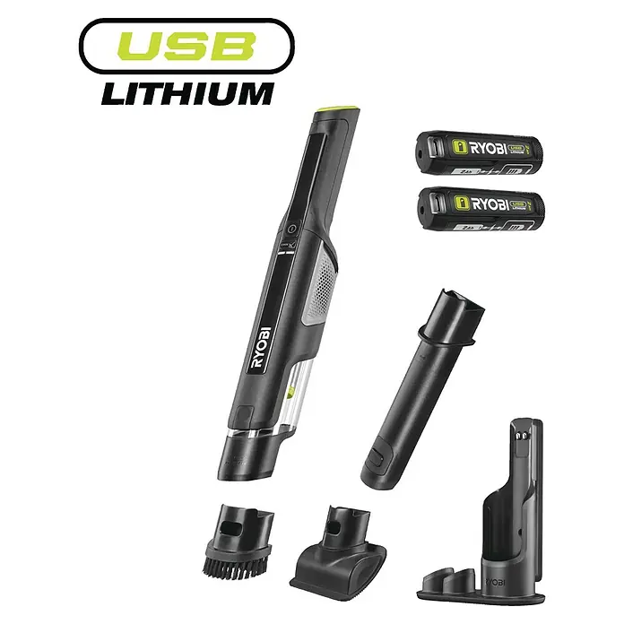 Ryobi Akku-Handstaubsauger RHV44-220G - 8 V, 2 Akkus, 2 Ah, Behältervolumen: 0,15 l - Schwarzer Ryobi USB Lithium Handstaubsauger mit zwei Akkus, Verlängerungsrohr und verschiedenen Reinigungsaufsätzen auf einer Ladestation.