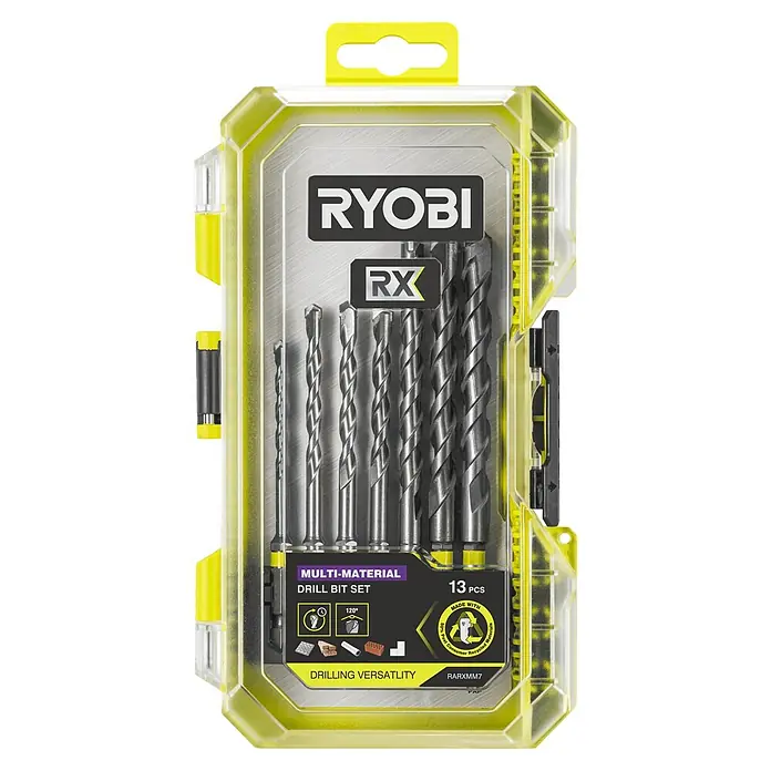 Ryobi Bohrer- & Bit-Set RARXMM7 - 13 -tlg. - Ryobi 13-teiliges Multi-Material-Bohrer-Set in gelber und transparenter Kunststoffbox.