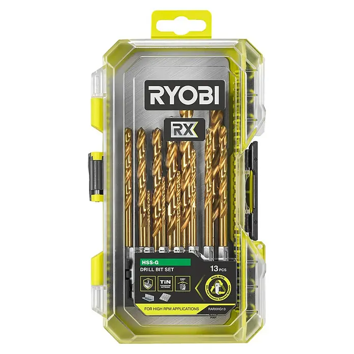 Ryobi Bohrer-Set RARXHG13 - 13 -tlg. - Ryobi RX HSS-G 13-teiliges goldfarbenes TiN Bohrer-Set für hohe Drehzahlen im Kunststoffkoffer.
