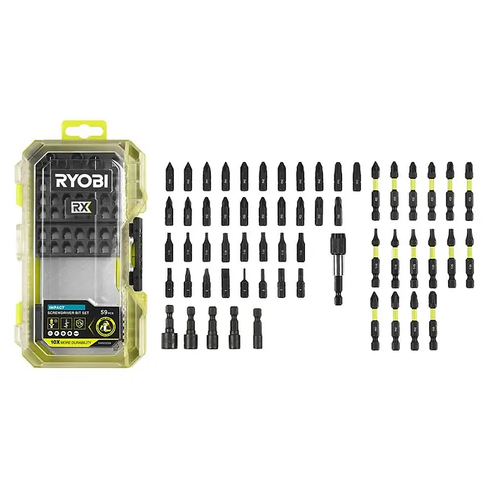 Ryobi Bit-Set RARXSD59 - 59 -tlg. - Ryobi 59-teiliger Impact-Schrauberbit-Satz in transparenter Hülle mit schwarzen und gelb-schwarzen Phillips-, Pozi-, Torx-, Schlitz- und Sechskant-Bits.