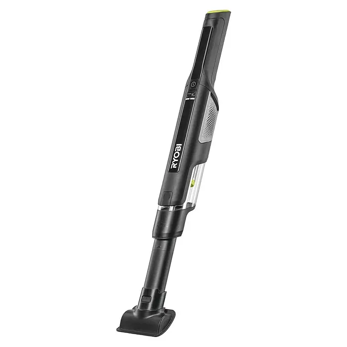 Ryobi Akku-Handstaubsauger RHV44-220G - 8 V, 2 Akkus, 2 Ah, Behältervolumen: 0,15 l - Schwarzer Ryobi Akku-Handstaubsauger mit transparentem Staubbehälter und Düsenaufsatz.