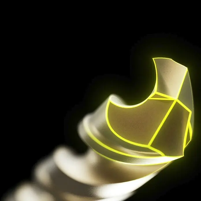 Ryobi Bohrer-Set RARXHG13 - 13 -tlg. - Nahaufnahme eines metallischen Bohrers mit goldfarbenem Schimmer, mit leuchtend gelben geometrischen Linien, die seine Schneidkanten und Spiralnuten hervorheben.