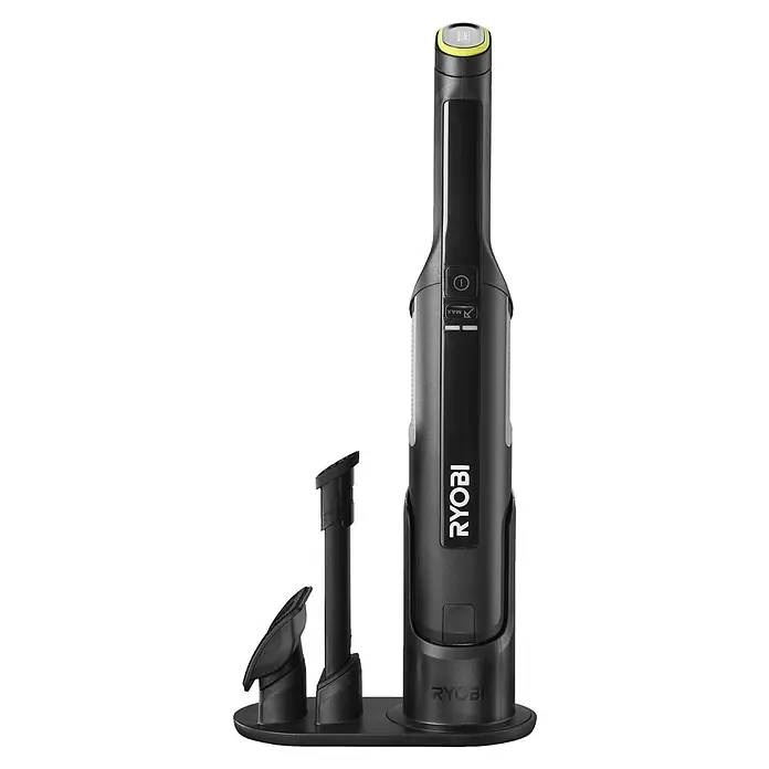 Ryobi Akku-Handstaubsauger RHV44-220G - 8 V, 2 Akkus, 2 Ah, Behältervolumen: 0,15 l - Schwarzer Handstaubsauger mit gelben Akzenten, Ladestation und zwei Düsenaufsätzen.