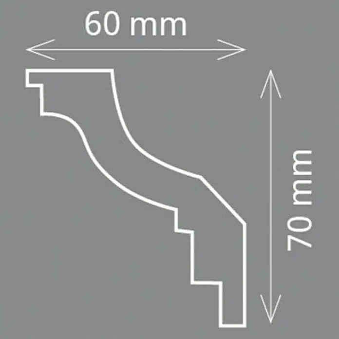 Zierprofil Prestige Lisa - 200 x 6 x 7 cm, Expandiertes Polystyrol (EPS) - Abbildung des Profils einer Zierleiste mit den Maßen 60 mm Breite und 70 mm Höhe.
