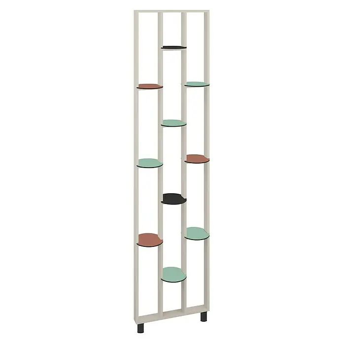 Mixpol Profile Regalboden Ovelo Schwarz ARF - 25,5 x 22,3 cm, Schwarz, 2 Stk. - Hohes, cremefarbenes Regal mit halbkreisförmigen Ablagen in Rotbraun, Hellgrün und Schwarz, auf schwarzen Füßen.