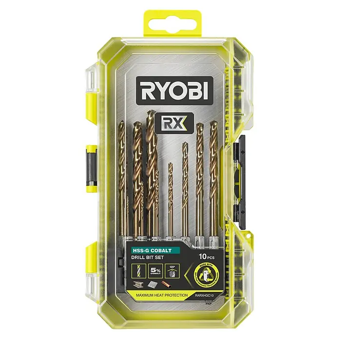 Ryobi Bohrer-Set RARXHGC10 - Metall, 10 -tlg. - Ryobi HSS-G Cobalt 10-teiliges Bohrer-Set in transparenter und gelber Verpackung. Die Bohrer sind metallic-bronze, für maximale Hitzebeständigkeit.