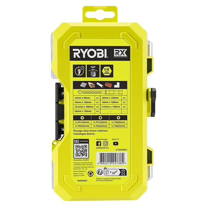 Ryobi Bohrer- & Bit-Set RARXMM7 - 13 -tlg. - Gelbes RYOBI Bohrer- und Schrauberbit-Set in kompakter Kassette, mit verschiedenen Sechskant-Bohrern und Schrauberbits für diverse Materialien.