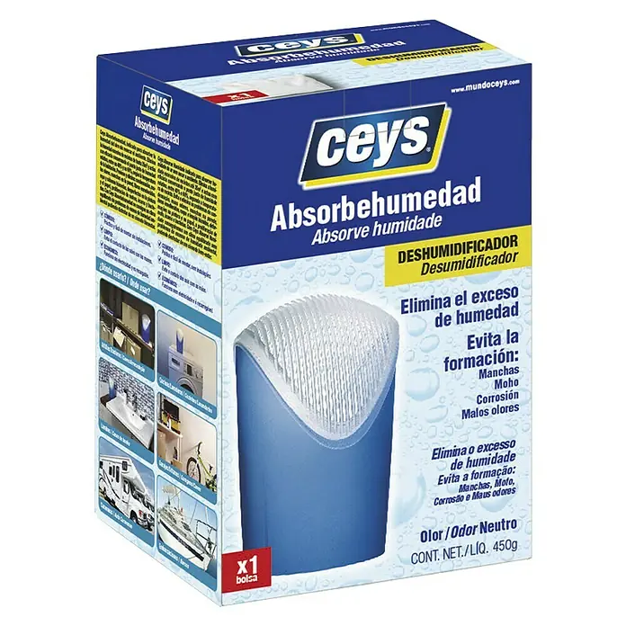Ceys Deshumidificador Absorbehumedad - 450 g - Imagen del deshumidificador Ceys, que elimina el exceso de humedad y previene la formación de manchas, moho, corrosión y malos olores.