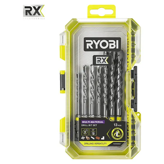 Ryobi Bohrer- & Bit-Set RARXMM7 - 13 -tlg. - RYOBI 13-teiliges Multi-Material Bohrer-Set in einem transparenten gelben Aufbewahrungskoffer, vielseitig einsetzbar.