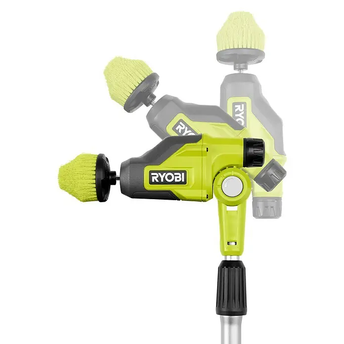 Ryobi 4V USB Akku-Reinigungsbürste RTS4-120G - 4 V, Ohne Akku - Grün-schwarzer Ryobi Kraftschrubber mit schwenkbarem Bürstenkopf und Verlängerungsstiel.