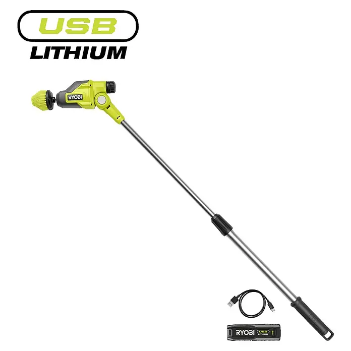 Ryobi 4V USB Akku-Reinigungsbürste RTS4-120G - 4 V, 1 Akku - Ryobi USB Lithium Power-Schrubber mit Verlängerungsstange, Bürstenkopf, Ladekabel und Akku.