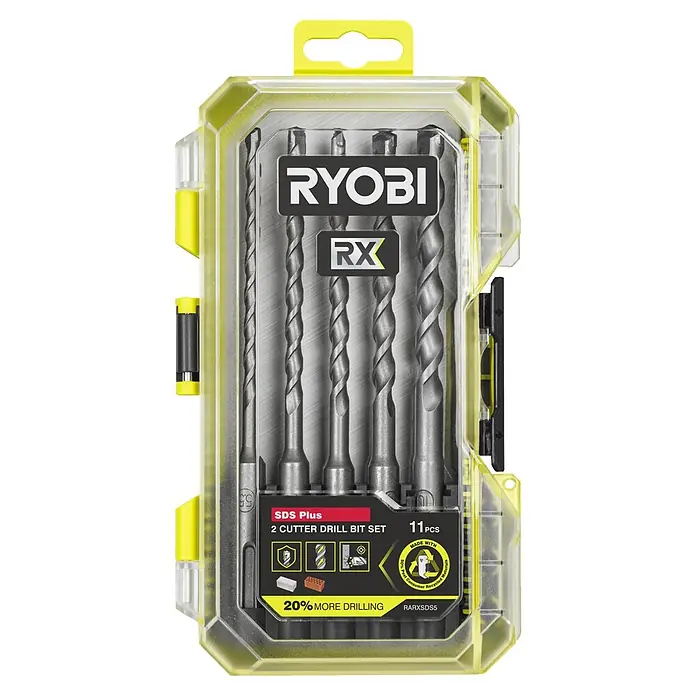Ryobi Bohrer- & Bit-Set RARXSDS5 - 11 -tlg. - Ryobi SDS Plus 2-Schneiden-Bohrer-Set mit 11 Metallbohrern in einer transparenten gelben Hülle.