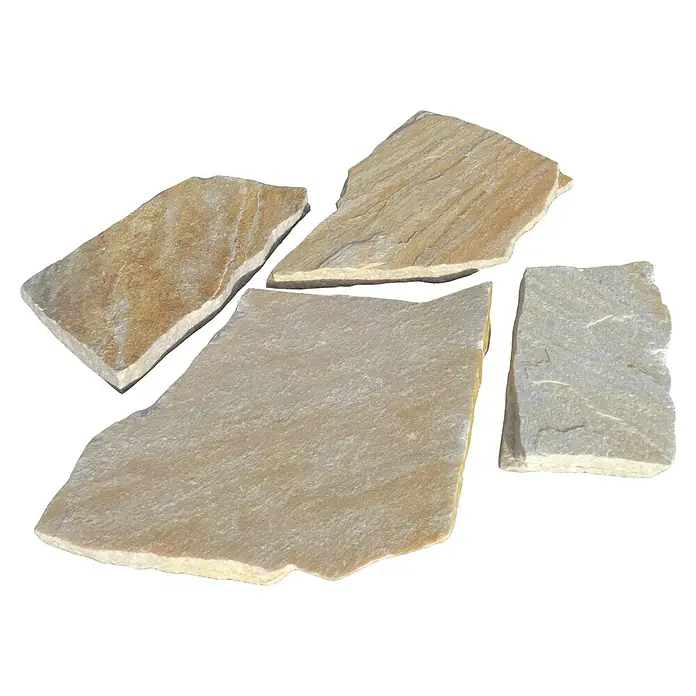 Polygonalplatte - Yellow Sun, Quarzit, Volumen: 12 m² - Vier unregelmäßige Natursteinplatten in Braun-, Beige- und Grautönen, ideal für Pflasterungen.