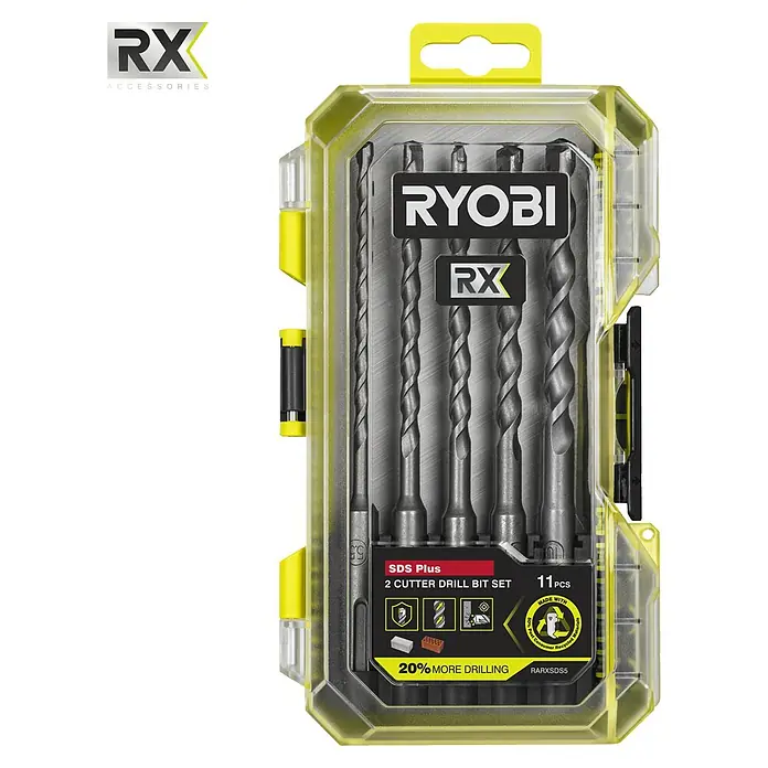 Ryobi Bohrer- & Bit-Set RARXSDS5 - 11 -tlg. - Ein Ryobi SDS Plus 2-Schneiden-Bohrersatz mit 11 grauen Metallbohrern in einer klaren und gelben Kunststoffhülle.