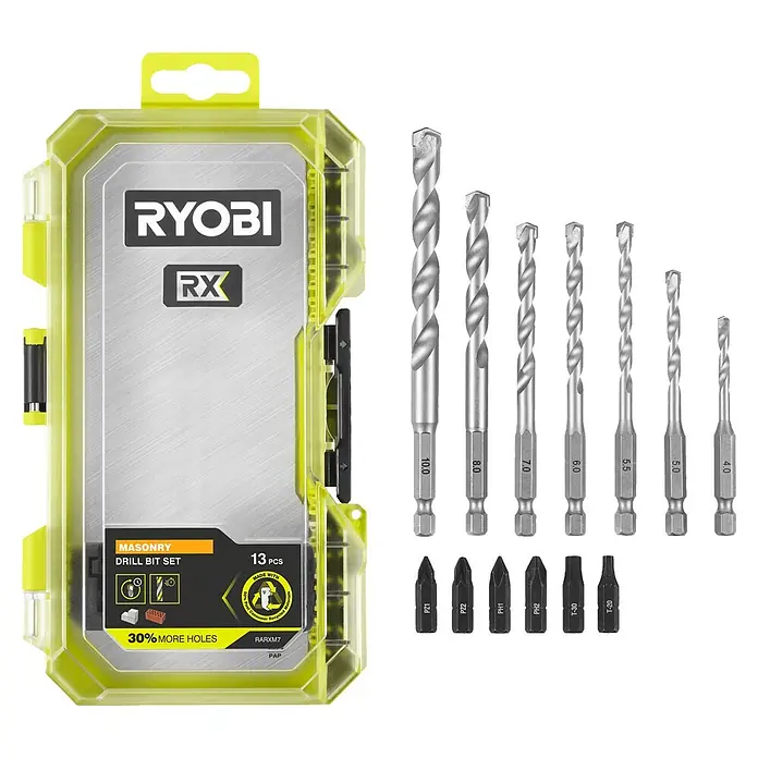 Ryobi Bohrer- & Bit-Set RARXM7 - 13 -tlg. - Ein Ryobi RX 13-teiliges Mauerwerk-Bohrer-Set mit einer transparenten gelb-grünen Hülle, silbernen Bohrern und schwarzen Schrauberbits.
