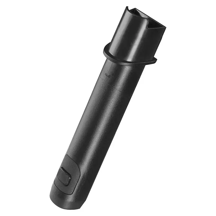 Ryobi Akku-Handstaubsauger RHV44-220G - 8 V, 2 Akkus, 2 Ah, Behältervolumen: 0,15 l - Schwarzer, strukturierter Kunststoffaufsatz mit schräger, geformter Öffnung und einem Auslöseknopf unten.