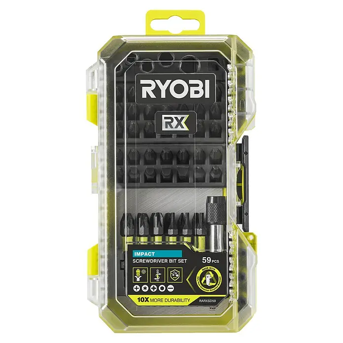 Ryobi Bit-Set RARXSD59 - 59 -tlg. - Ryobi 59-teiliges Schlag-Schrauberbit-Set in transparenter Kunststoffbox. Schwarze Bits mit gelben Bändern, inkl. Kreuz-, Torx-, Pozidriv- und Schlitzantrieben.
