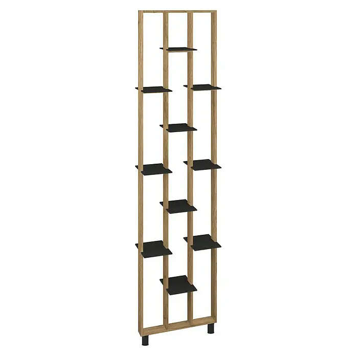 Mixpol Profile Regalboden Box Schwarz ARF - 25,5 x 22,3 cm, Schwarz, 2 Stk. - Hohes helles Holzregal mit vier vertikalen Pfosten und mehreren versetzten schwarzen Ablagen.