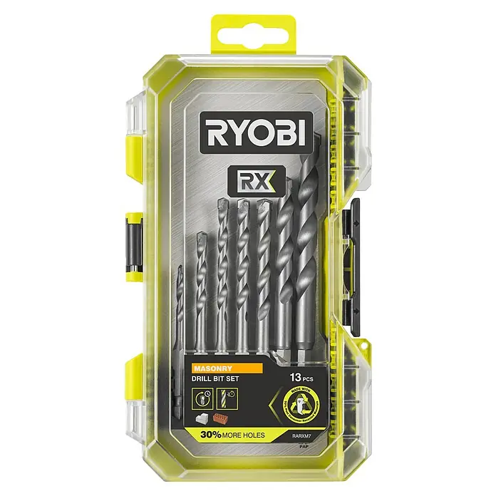 Ryobi Bohrer- & Bit-Set RARXM7 - 13 -tlg. - Ryobi Mauerbohrer-Set mit 13 silbernen Bohrern in einer transparenten, gelben Kunststoffhülle.