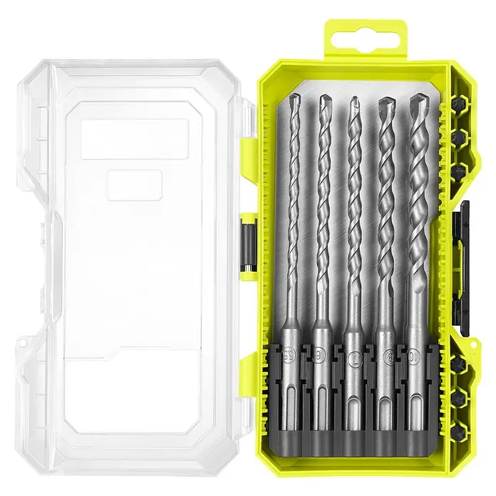 Ryobi Bohrer- & Bit-Set RARXSDS5 - 11 -tlg. - Ein Satz von fünf silbernen Bohrer in einem offenen hellgrünen und transparenten Kunststoffkoffer.
