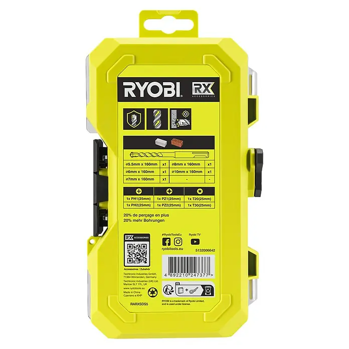 Ryobi Bohrer- & Bit-Set RARXSDS5 - 11 -tlg. - Ryobi RX Zubehör Bohr- und Schrauberbit-Set in gelbem Gehäuse, für Mauerwerk und diverse Arbeiten.