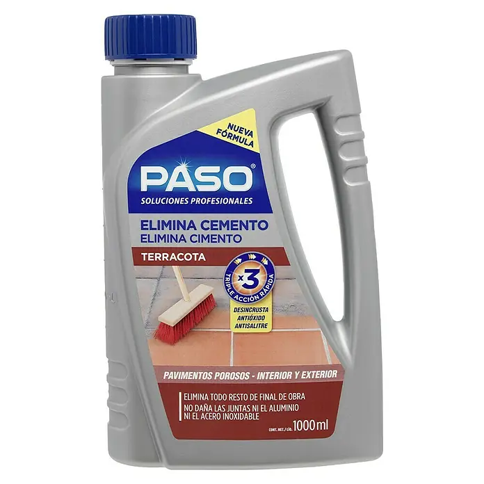 Paso Eliminador de cemento Suelos porosos - 1 l - Botella de limpiador de cemento Paso para terracota con nueva fórmula, ideal para suelos porosos interiores y exteriores. Elimina cemento y protege.
