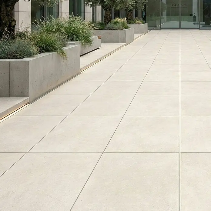 Terrassenfliese Duomo - 60 x 90 x 2 cm, Perla, Matt - Helle beigefarbene Terrassenfliesen in einer modernen Architekturumgebung mit Betonpflanzkübeln und integrierter Beleuchtung.