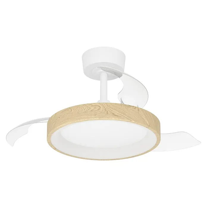 Eglo Deckenventilator Torreya - Weiß, Eiche, 77 cm - Moderner Deckenventilator mit Licht, hellem Holzkorpus, weißem Diffusor und transparenten Flügeln.