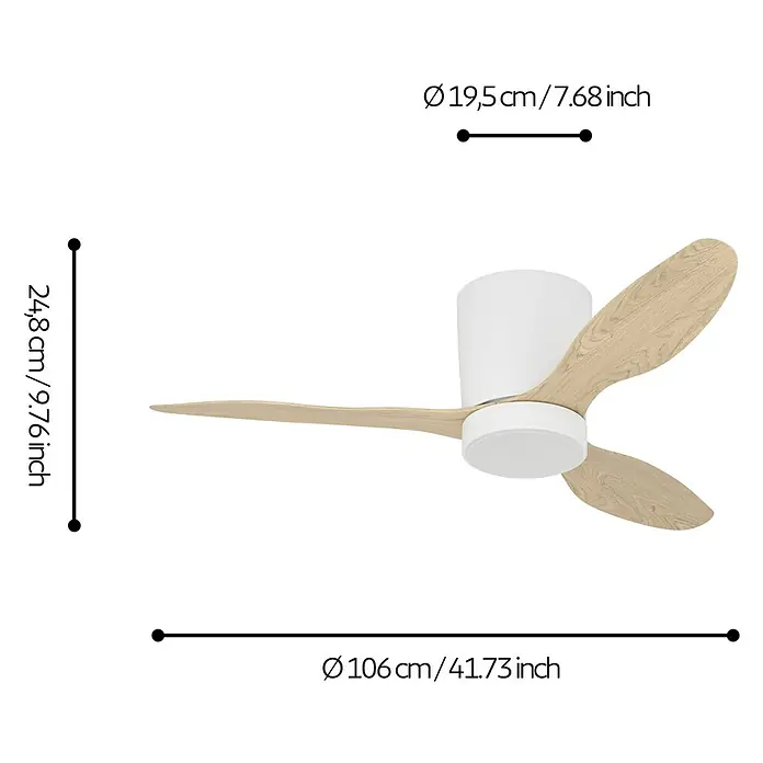 Eglo Deckenventilator Baracarès - Weiß, Eiche, 106 cm - Weißer Deckenventilator mit hellen Holzflügeln, mit Maßen.