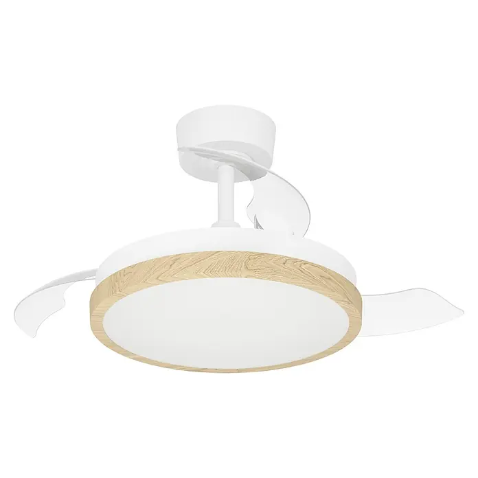 Eglo Deckenventilator Malpica - Weiß, Eiche, 77 cm - Deckenventilator aus Weiß und hellem Holz mit transparenten Flügeln und integrierter LED-Leuchte.
