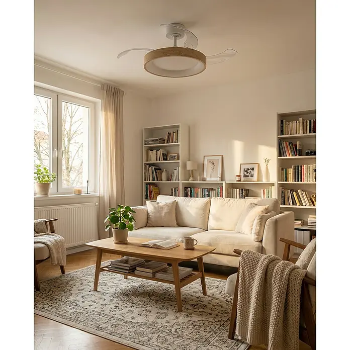 Eglo Deckenventilator Torreya - Weiß, Holz, 98 cm - Moderner Deckenventilator mit Licht, hellem Holzring, transparenten Flügeln und weißer Basis, in einem gemütlichen Wohnzimmer.