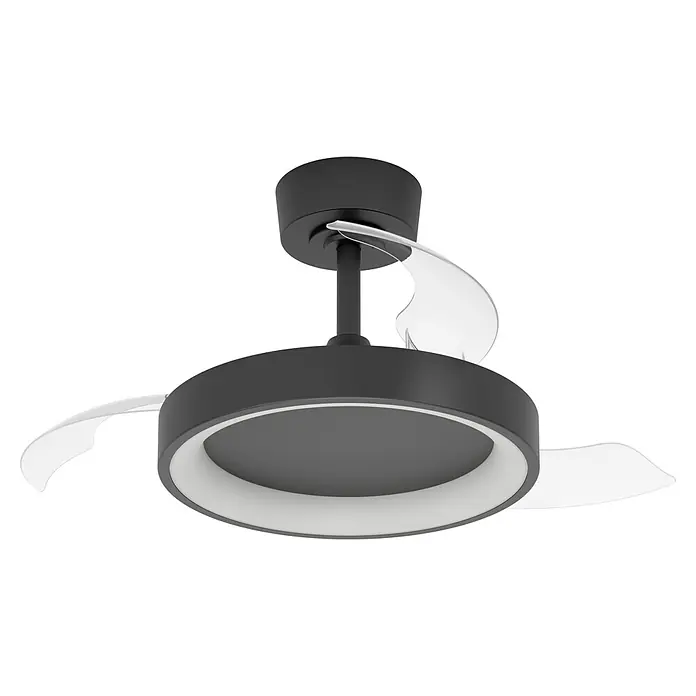 Eglo Deckenventilator Torreya - Schwarz, 77 cm - Schwarzer Deckenventilator mit transparenten Flügeln und integrierter kreisförmiger LED-Leuchte.