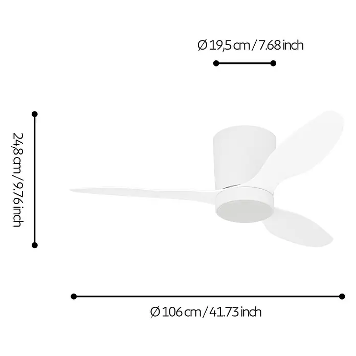 Eglo Deckenventilator Baracarès - Weiß, 106 cm - Weißer 3-Blatt Deckenventilator mit integriertem Licht. Maße: Ø 106cm (41.73in), H 24.8cm (9.76in), Ø 19.5cm (7.68in) Basis.