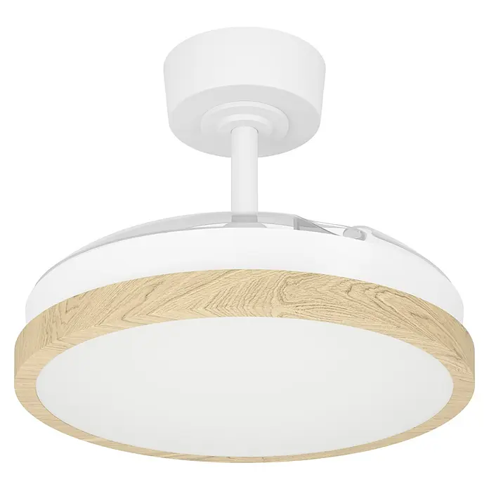 Eglo Deckenventilator Malpica - Weiß, Eiche, 77 cm - Weiße und holzfarbene runde Deckenleuchte mit weißem Diffusor.
