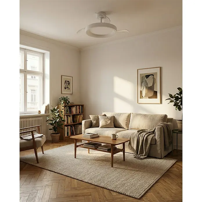 Eglo Deckenventilator Torreya - Weiß, 98 cm - Moderner weißer Deckenventilator mit Licht, kreisförmigem Design und einziehbaren Flügeln, in einem gemütlichen Wohnzimmer installiert.