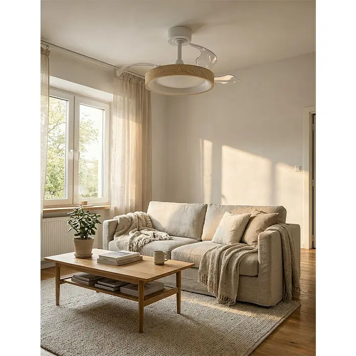 Eglo Deckenventilator Torreya - Weiß, Eiche, 77 cm - Weißer Deckenventilator mit Holzoptik-Lichtring und transparenten Flügeln, an der Decke eines hellen Wohnzimmers montiert.
