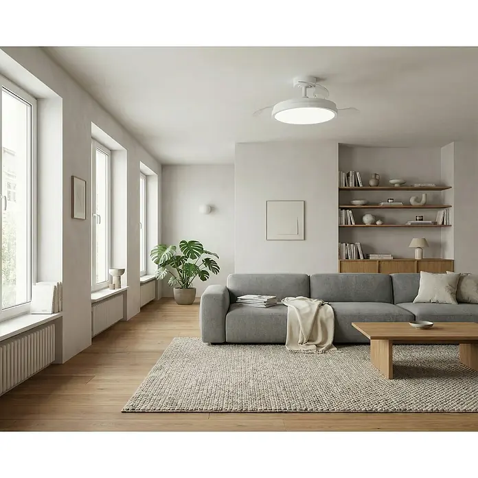 Eglo Deckenventilator Malpica - Weiß, 77 cm - Weißer Deckenventilator mit integrierter runder LED-Leuchte, zentral an der Wohnzimmerdecke montiert.