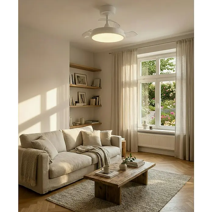 Eglo Deckenventilator Malpica - Weiß, 63 cm - Weißer Deckenventilator mit integriertem LED-Licht und transparenten Flügeln, in modernem Wohnzimmer montiert.