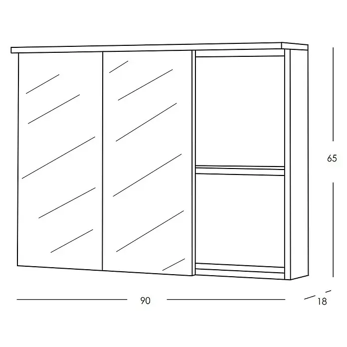 Artysan Armario con espejo LED Abi 2P+H - An x Al: 90 x 65 cm, Plástico, Blanco - Esquema de un armario de baño con dos puertas espejo y un compartimento abierto, incluyendo dimensiones de altura, anchura y profundidad.