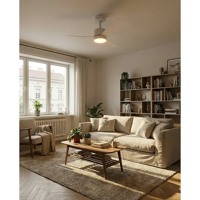Eglo Deckenventilator Bonassola - Weiß, 91 cm - Weißer Deckenventilator mit integrierter Leuchte in einem modernen Wohnzimmer.
