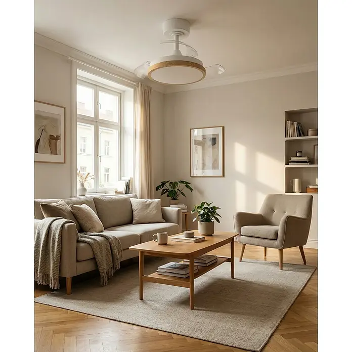 Eglo Deckenventilator Malpica - Weiß, Eiche, 77 cm - Weiß-holzfarbener Deckenventilator mit ausziehbaren transparenten Flügeln und integrierter Leuchte, an der Decke eines modernen Wohnzimmers installiert.
