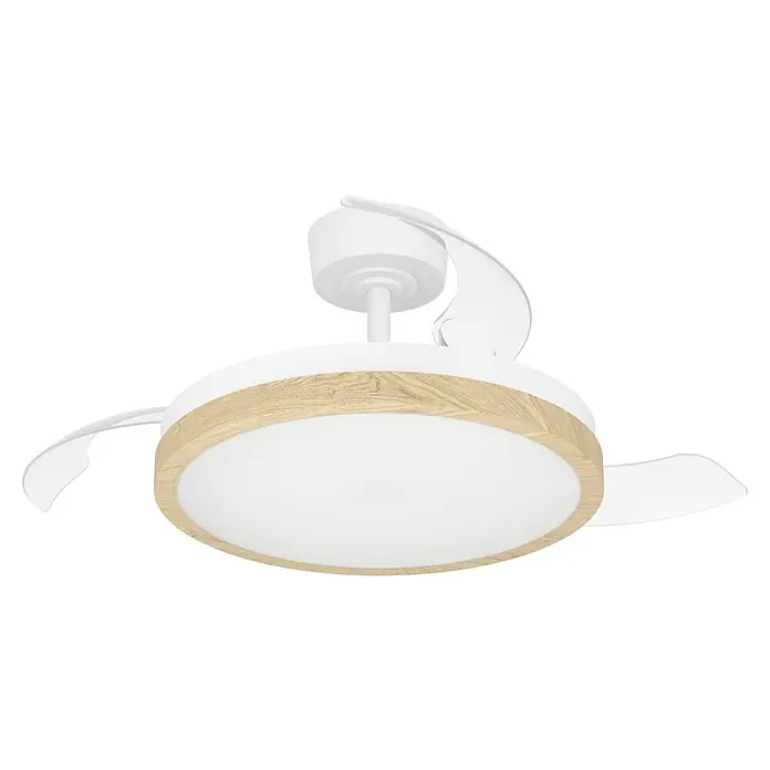 Eglo Deckenventilator Malpica - Weiß, Eiche, 98 cm - Weißer Deckenventilator mit Licht, heller Holzverkleidung und transparenten Flügeln.