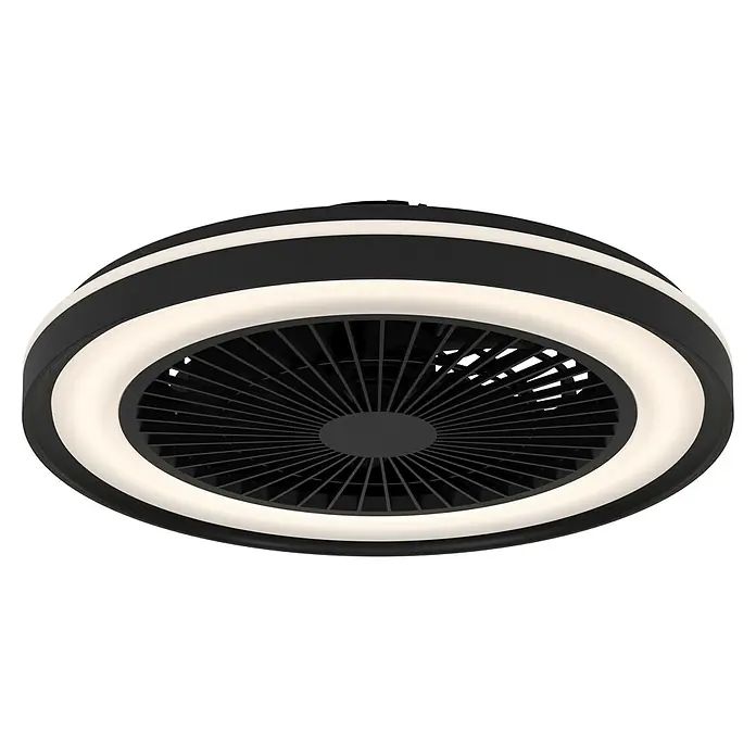 Eglo Deckenventilator SintAndré - Schwarz, 51 cm - Runder schwarzer Deckenventilator mit integriertem weißen LED-Lichtring und weißem Akzentstreifen. Lüfterflügel sind sichtbar.