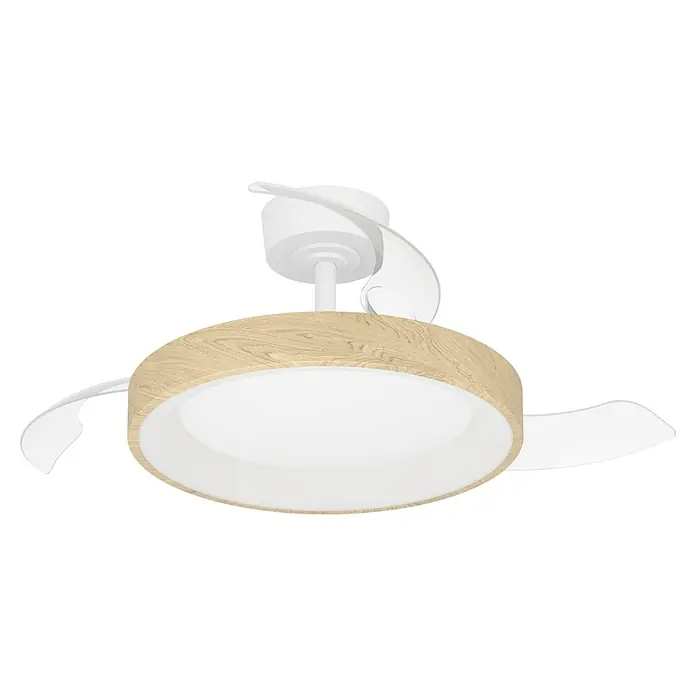 Eglo Deckenventilator Torreya - Weiß, Holz, 98 cm - Weißer Deckenventilator mit transparenten Flügeln und runder Leuchte, mit hellem Holzmaserungsrand.