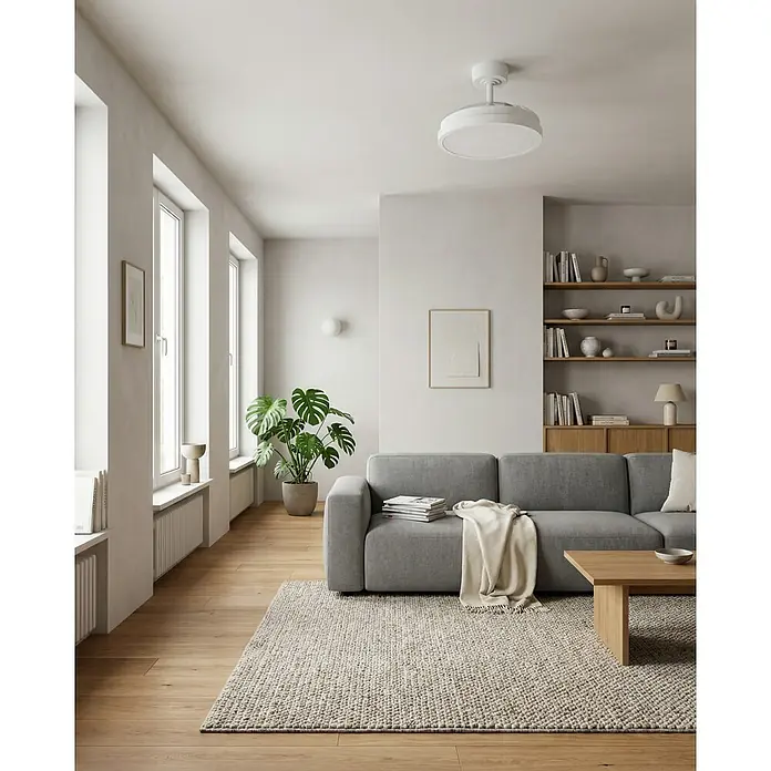 Eglo Deckenventilator Malpica - Weiß, 77 cm - Ein modernes graues Ecksofa mit einer hellbeigen Wolldecke auf einem strukturierten Teppich in einem hellen Wohnzimmer.