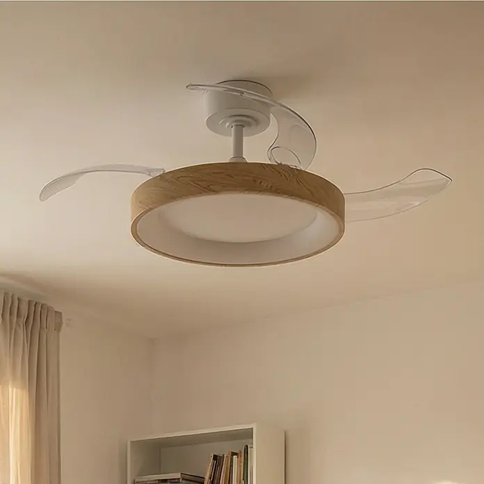 Eglo Deckenventilator Torreya - Weiß, Holz, 98 cm - Moderner Deckenventilator mit einziehbaren transparenten Flügeln und integriertem runden LED-Licht mit heller Holzoptik, an der Decke montiert.