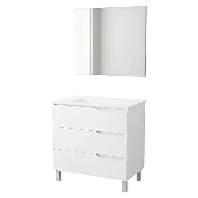 Conjunto de mueble de baño Riva con pack de wc Lura -  - Mueble de baño blanco con tres cajones, lavabo integrado y espejo a juego.